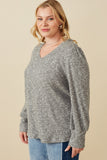 HY7609W Grey Plus Textured V Neck Speckled Rib Knit Top Side