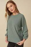 HY7610 Olive Womens Brushed Ribbed Puff Sleeve Knit Top Side