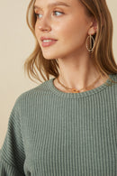 HY7610 Olive Womens Brushed Ribbed Puff Sleeve Knit Top Full Body