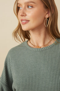 HY7610 Olive Womens Brushed Ribbed Puff Sleeve Knit Top Full Body