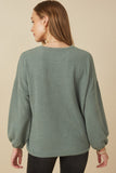 HY7610 Olive Womens Brushed Ribbed Puff Sleeve Knit Top Detail