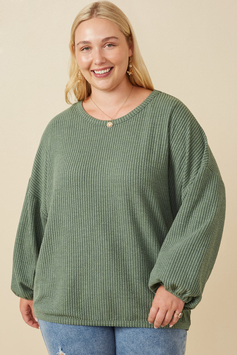 Brushed Ribbed Puff Sleeve Knit Top