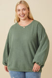 HY7610W Olive Plus Brushed Ribbed Puff Sleeve Knit Top Front