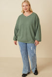 HY7610 Olive Womens Brushed Ribbed Puff Sleeve Knit Top Full Body 2