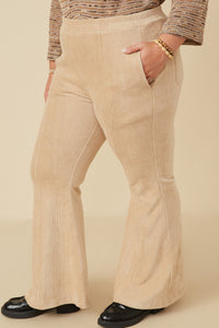 HY7613 Beige Womens Pleat Detail Pocketed Corduroy Pants Full Body