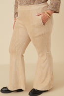 HY7613 Beige Womens Pleat Detail Pocketed Corduroy Pants Full Body