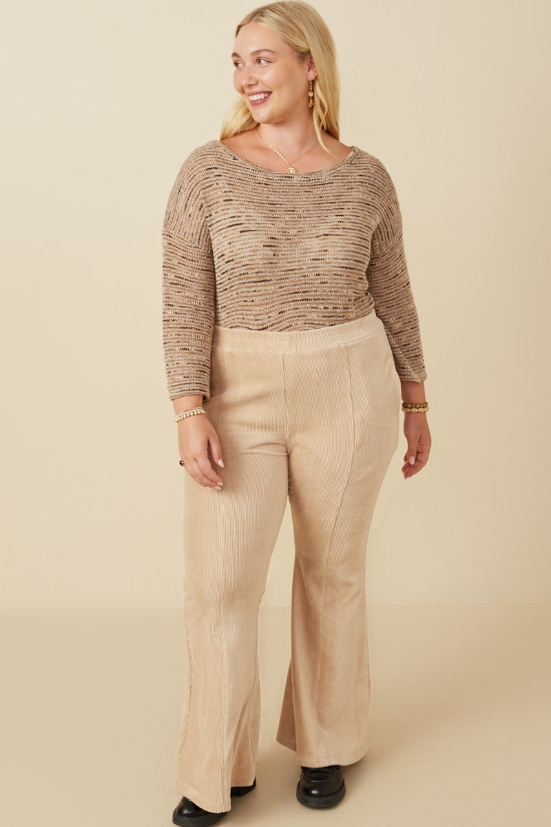HY7613W Beige Plus Pleat Detail Pocketed Corduroy Pants Detail