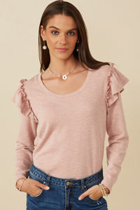 HY7616W Heather Grey Plus Marled Textured Ruffle Detail Scoop Neck Knit Top Gif