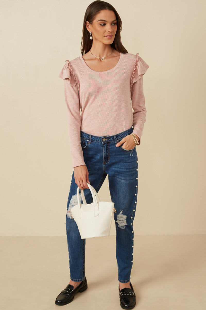 HY7616W Heather Grey Plus Marled Textured Ruffle Detail Scoop Neck Knit Top Full Body