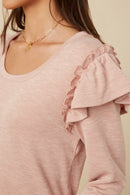 HY7616W Heather Grey Plus Marled Textured Ruffle Detail Scoop Neck Knit Top Side