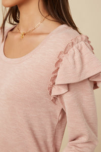 HY7616W Heather Grey Plus Marled Textured Ruffle Detail Scoop Neck Knit Top Side