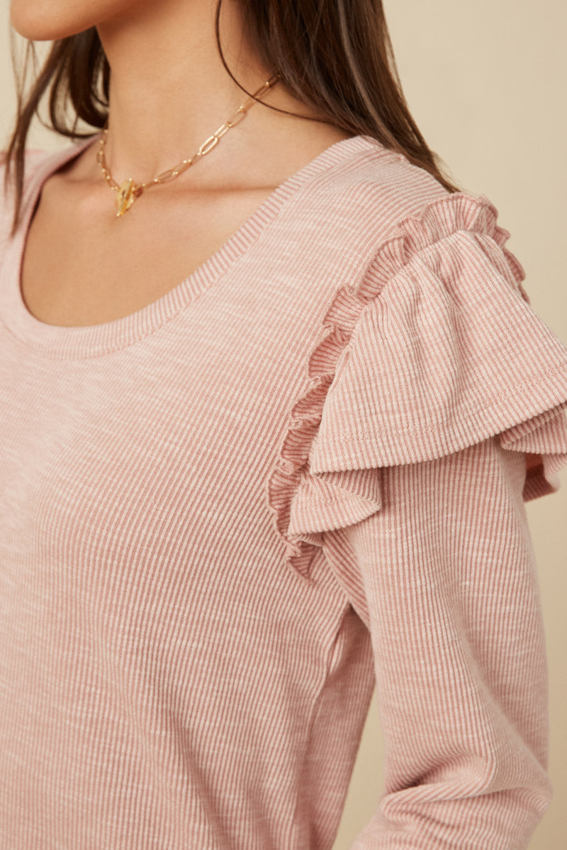 HY7616W Heather Grey Plus Marled Textured Ruffle Detail Scoop Neck Knit Top Side