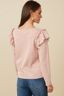 HY7616W Heather Grey Plus Marled Textured Ruffle Detail Scoop Neck Knit Top Back