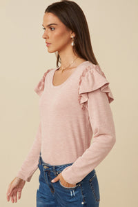 HY7616W Heather Grey Plus Marled Textured Ruffle Detail Scoop Neck Knit Top Front