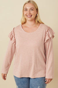 HY7616W Heather Grey Plus Marled Textured Ruffle Detail Scoop Neck Knit Top Pose