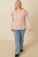 HY7616 Mauve Womens Marled Textured Ruffle Detail Scoop Neck Knit Top Front