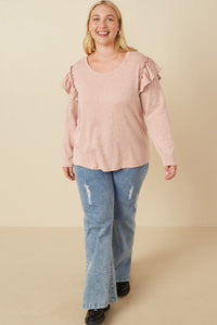 HY7616 Mauve Womens Marled Textured Ruffle Detail Scoop Neck Knit Top Front