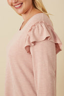 HY7616W Mauve Plus Marled Textured Ruffle Detail Scoop Neck Knit Top Front