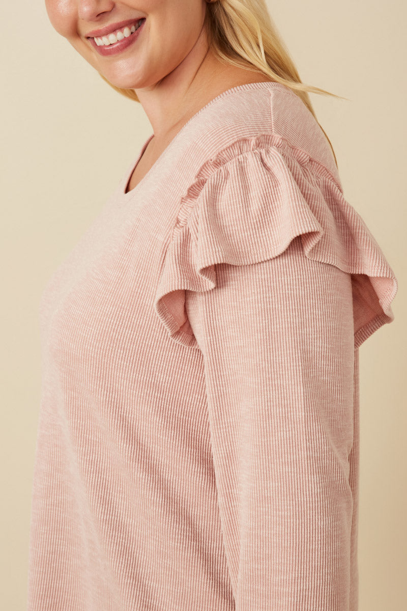 HY7616W Mauve Plus Marled Textured Ruffle Detail Scoop Neck Knit Top Front