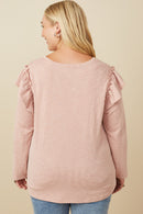 HY7616 Mauve Womens Marled Textured Ruffle Detail Scoop Neck Knit Top Gif