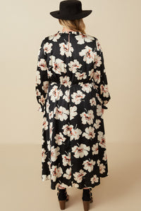 HY7623W Black Plus Romantic Floral Ruffle Neck Cinched Cuff Dress Side