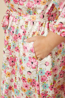 HY7627W Ivory Plus Satin Floral Long Sleeve Belted Flare Skirt Dress Gif