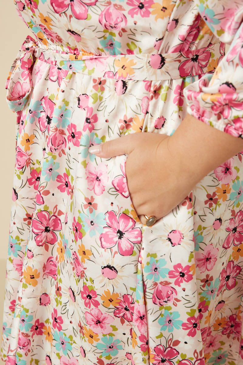 HY7627W Ivory Plus Satin Floral Long Sleeve Belted Flare Skirt Dress Gif