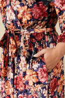 HY7633W Navy Plus Floral Surplice Belted Velvet Dress Gif