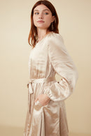 HY7635 Champagne Womens Belted Flared Skirt Satin Dress Full Body