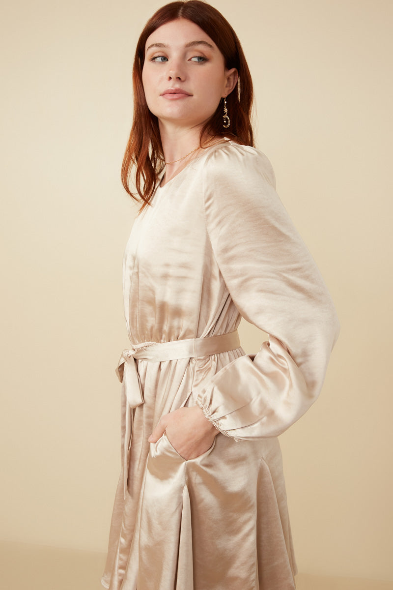 HY7635 Champagne Womens Belted Flared Skirt Satin Dress Full Body