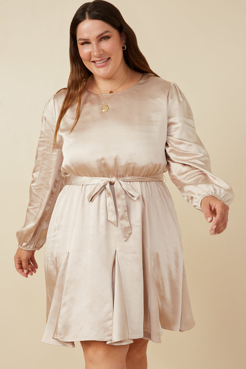 Belted Flared Skirt Satin Dress