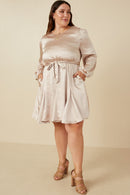 HY7635 Champagne Womens Belted Flared Skirt Satin Dress Back