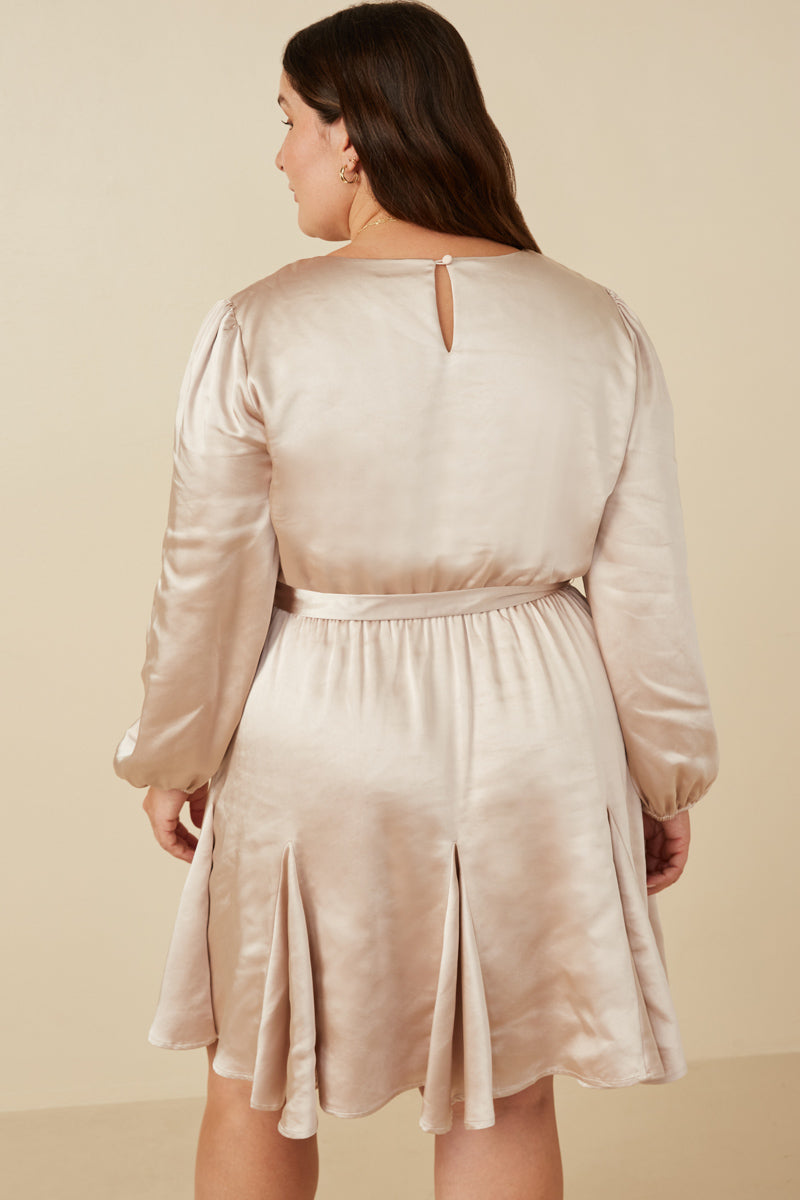 HY7635W Champagne Plus Belted Flared Skirt Satin Dress Full Body