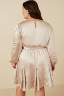 HY7635W Champagne Plus Belted Flared Skirt Satin Dress Full Body