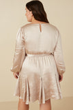 HY7635W Champagne Plus Belted Flared Skirt Satin Dress Full Body