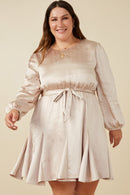 HY7635W Champagne Plus Belted Flared Skirt Satin Dress Detail