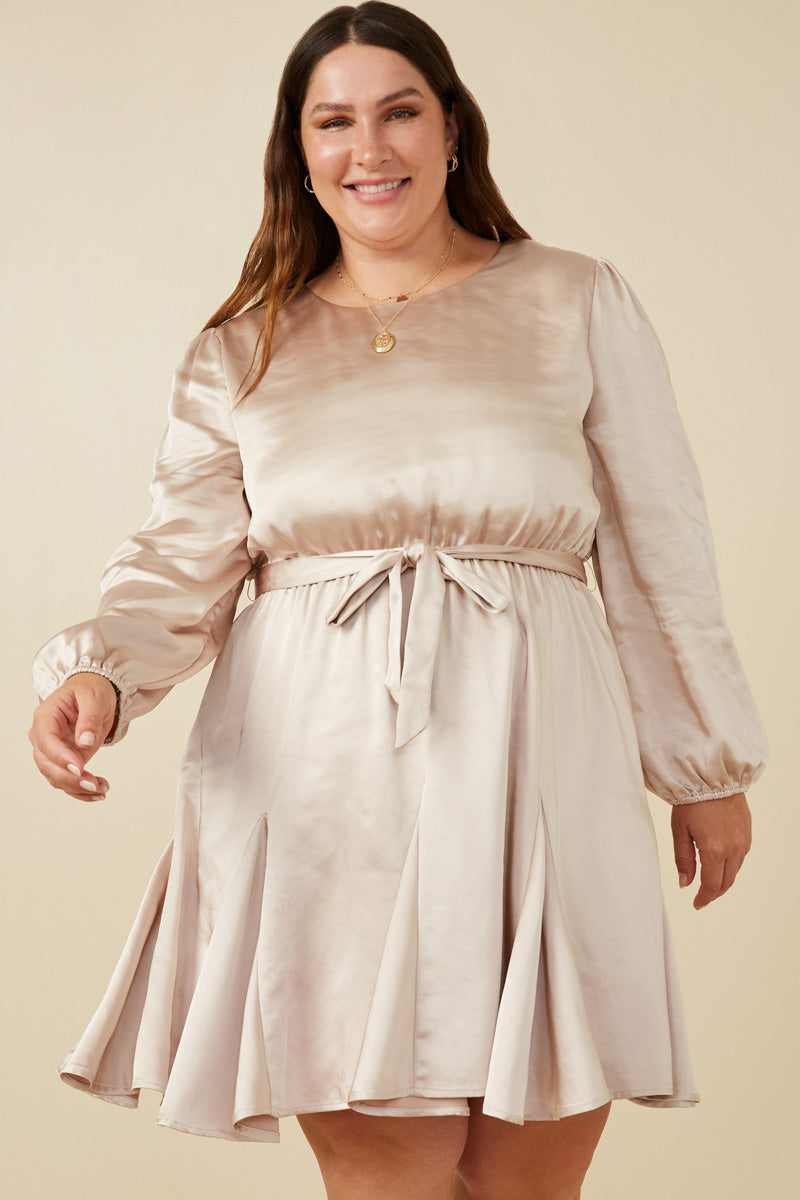 HY7635W Champagne Plus Belted Flared Skirt Satin Dress Detail