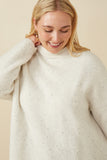 HY7642 Ivory Womens Speckled Mock Neck Drop Shoulder Sweater Side
