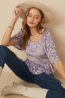 HY7649W Lavender Plus Square Neck Smocked Floral Velvet Peplum Top Front