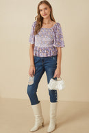 HY7649 Lavender Womens Square Neck Smocked Floral Velvet Peplum Top Gif