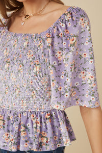 HY7649 Lavender Womens Square Neck Smocked Floral Velvet Peplum Top Full Body