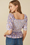 HY7649 Lavender Womens Square Neck Smocked Floral Velvet Peplum Top Detail