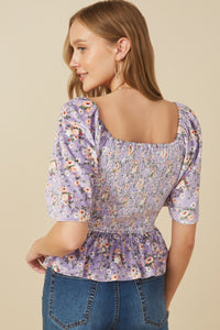 HY7649 Lavender Womens Square Neck Smocked Floral Velvet Peplum Top Detail