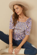 HY7649 Lavender Womens Square Neck Smocked Floral Velvet Peplum Top Side