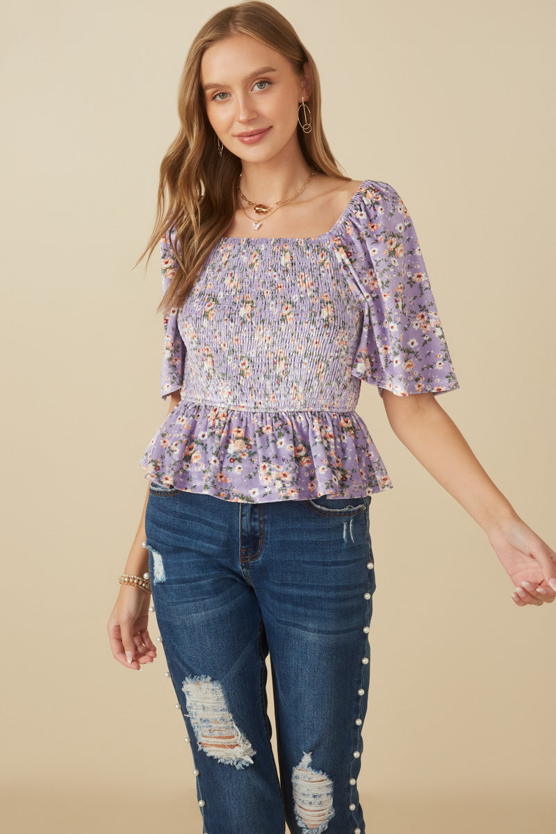 HY7649 Lavender Womens Square Neck Smocked Floral Velvet Peplum Top Side 2