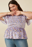 HY7649 Lavender Womens Square Neck Smocked Floral Velvet Peplum Top Pose