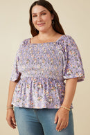 HY7649W Lavender Plus Square Neck Smocked Floral Velvet Peplum Top Gif