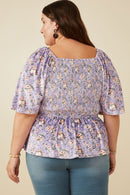 HY7649W Lavender Plus Square Neck Smocked Floral Velvet Peplum Top Full Body