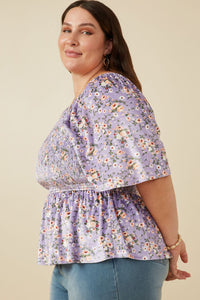 HY7649W Lavender Plus Square Neck Smocked Floral Velvet Peplum Top Front 2