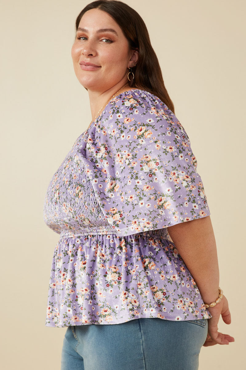 HY7649W Lavender Plus Square Neck Smocked Floral Velvet Peplum Top Front 2